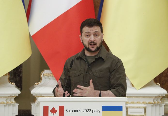 Volodymyr Zelensky tijdens een persconferentie in Kiev