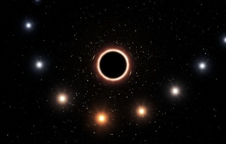 A handout photo released on July 26, 2018 by the European Southern Observatory shows an artist impression of the path of the star S2 as it passes very close to the supermassive black hole at the centre of the Milky Way. 
As it gets close to the black hole the very strong gravitational field causes the colour of the star to shift slightly to the red, an effect of Einsteins general theory of relativity. In this graphic the colour effect and size of the objects have been exaggerated for clarity. / AFP PHOTO / European Southern Observatory / M. KORNMESSER / RESTRICTED TO EDITORIAL USE - MANDATORY CREDIT 