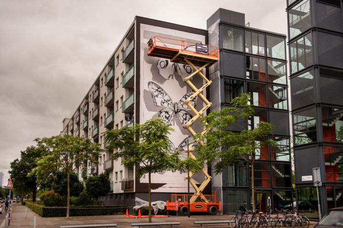 Nieuwe Blind Wall in Breda aan Tuinzigtlaan, hoogste tot nu toe: 20 meter, gevuld met hyperrealistische vlinders. Foto: PHOTED, Edwin Wiekens.