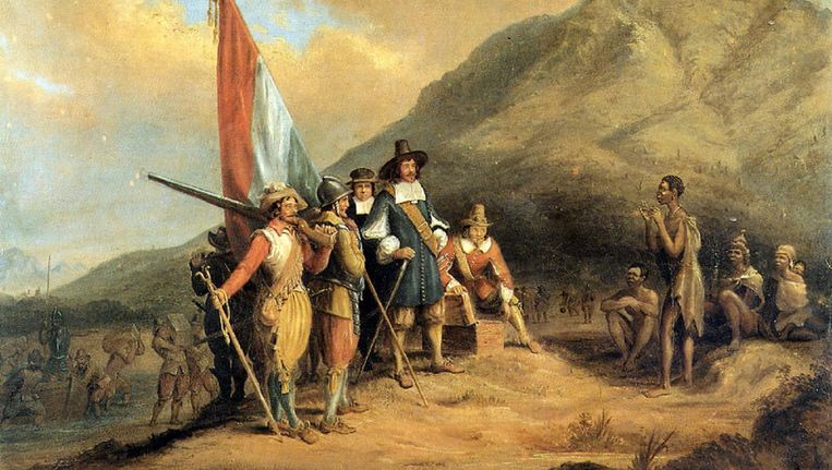 Fragment van Jan van Riebeecks aankomst in Kaap de Goede Hoop, schilderij van Charles Davidson Bell. Beeld .