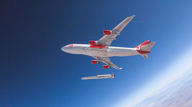 A LauncherOne missile was dropped from Cosmic Girl, a modified Boeing 747, during a test in 2020.  Image courtesy EPA