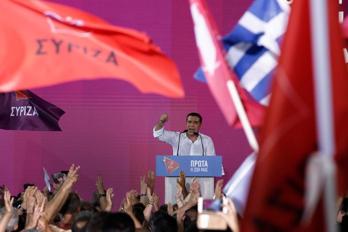 Alexis Tsipras tijdens een verkiezingsmeeting vanavond.