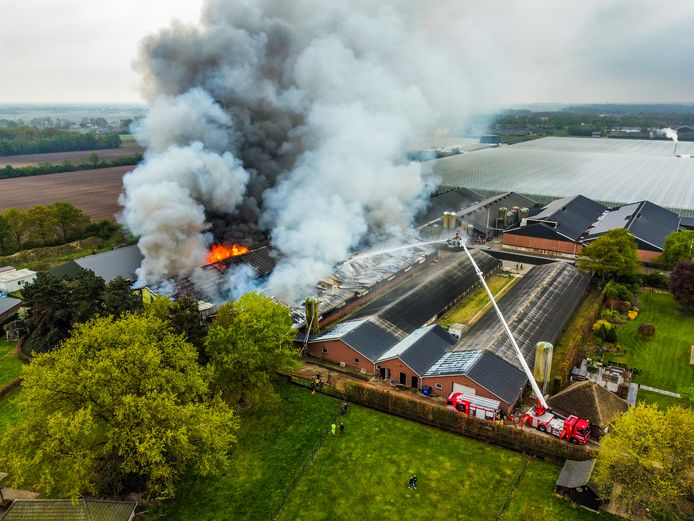 Grote rookpluimen boven de stal die afgelopen week in brand stond in Heusden.