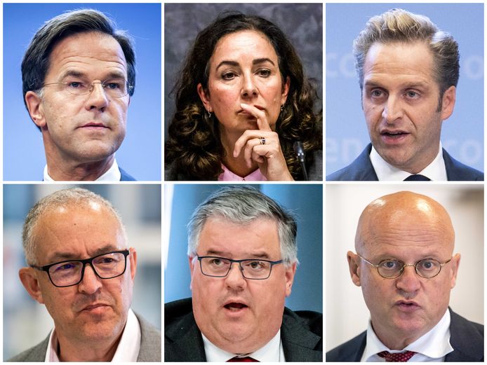 Rutte, Halsema, De Jonge, Aboutaleb, Bruls en Grapperhaus.