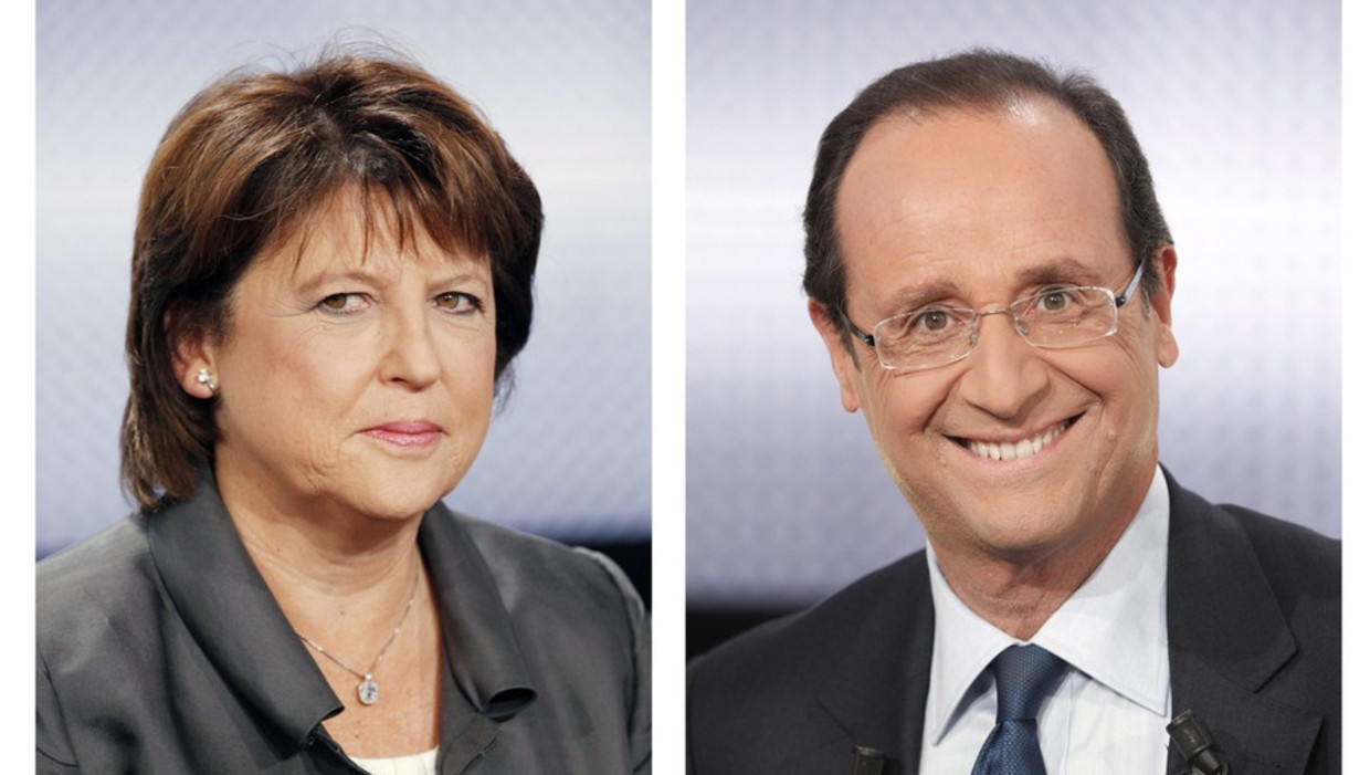 Kandidaten Martine Aubry (links) en Francois Hollande (rechts). Beeld epa