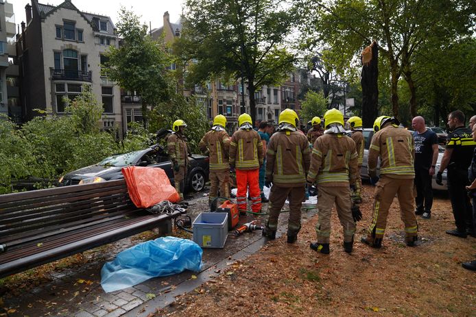 Een boom op de Westersingel knakte als een luciferhoutje. Twee inzittenden raakten bekneld en moesten worden bevrijd. Eén van hen overleed.