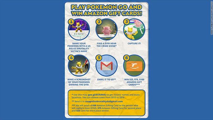 Op de Tumblr-pagina werden spelers aangezet Pokémon Go te spelen op locaties waar politiegeweld had plaatsgevonden.