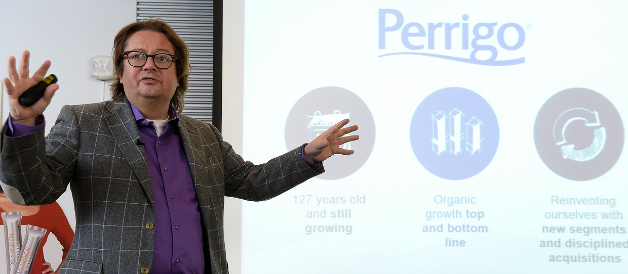 Marc Coucke bij de bekendmaking van de overname van Omega Pharma door Perrigo.  Beeld Photo News