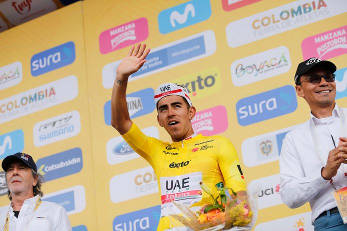 Colombian Juan Sebastian Molano of UAE Team Emirates celebrates on the podium after the fourth stage of the Tour of Colombia cycling race, 168,6 km from Paipa to Santa Rosa de Viterbo, in Colombia, Friday 14 February 2020.
BELGA PHOTO YUZURU SUNADA - FRANCE OUT