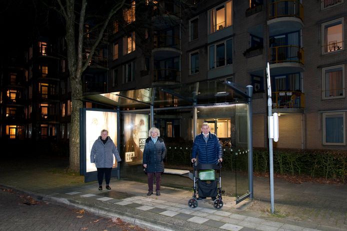 Bewoners van seniorencomplex Ludgerus bij de inmiddels verdwenen bushalte. De provincie Overijssel wil wel kijken naar alternatieven.