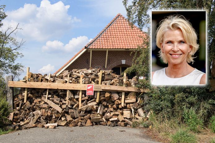 De voorkant van de boerderij in Ambt Delden is geblokkeerd met houtblokken, om pottenkijkers te weren. Anita Witzier gaat het tv-programma presenteren.