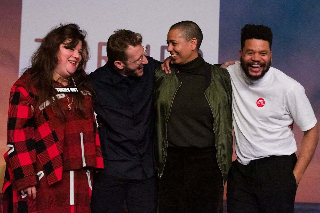 Van links naar rechts: Tai Shani, Lawrence Abu Hamdan, Helen Cammock en Oscar Murillo, die na de nominatieronde besloten dat ze verder gingen als collectief. Beeld EPA