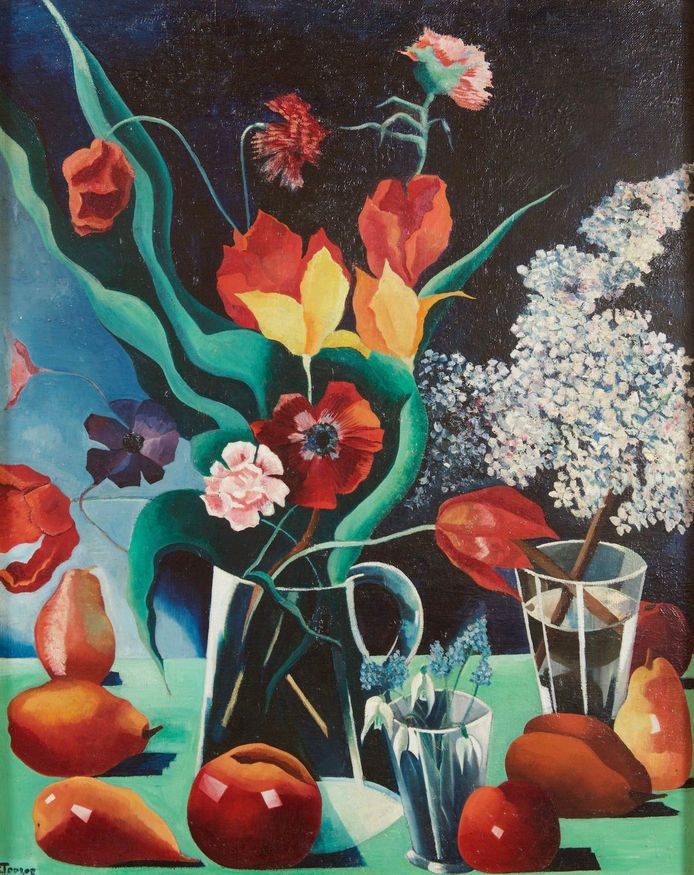 ‘Stilleven met bloemen en vruchten’ van kunstenaar Charley Toorop, het werk dat op reuzenformaat wordt geschilderd op de zijgevel van lunchroom Cozy in de Arnhemse Roggestraat.