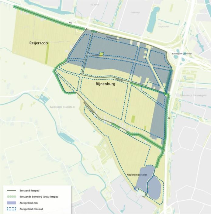 Kaart van de polder Rijnenburg, met het gebied waar zonnepanelen geplaatst kunnen worden.