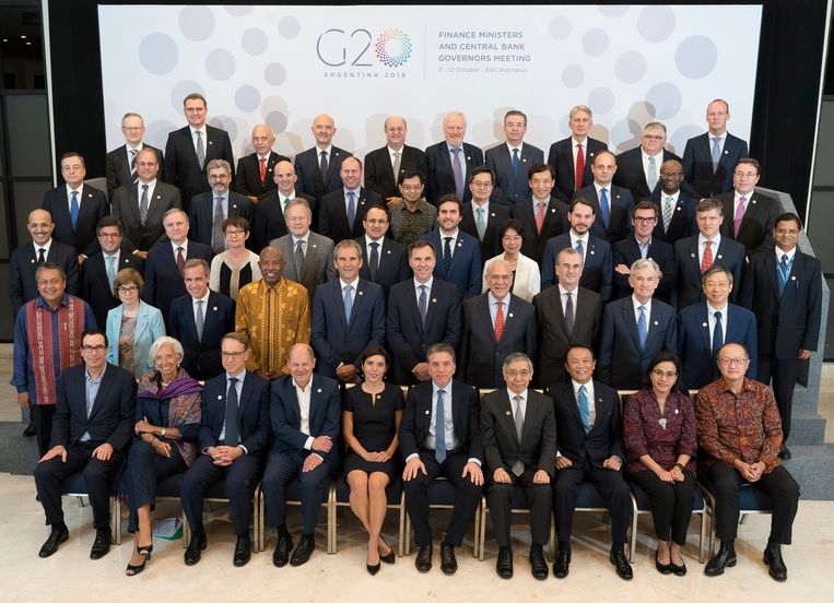 Ministers van Financiën en centralebankpresidenten van G20-landen in oktober 2018 tijdens de IMF-jaarvergadering in Nusa Dua, Indonesië. Beeld Stephen Jaffe / AFP