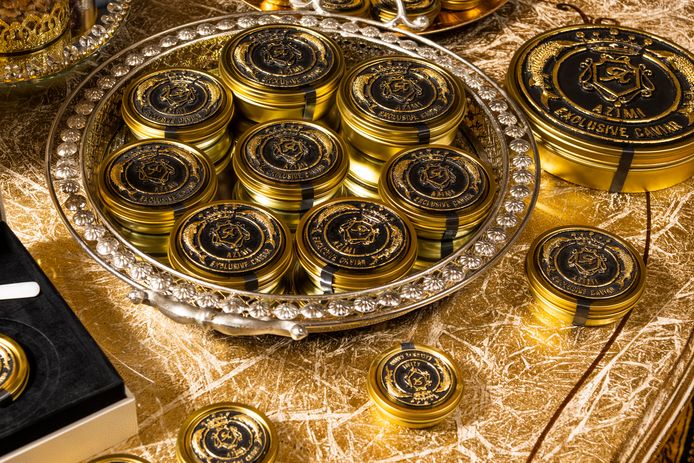 Aardenburg january 19 Netherlands, Salar Azimi presents the most exclusive caviar with even a 100 k box inlayed with real diamonds. At his home on january 19, 19/01/2022 Aardenburg - Netherlands. (photo by Florian Van Eenoo/Photo News)