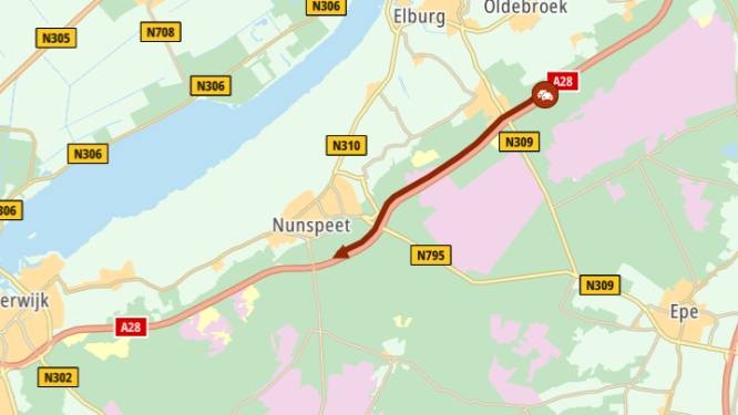 Ongeluk op A28 tussen Zwolle en Amersfoort: rijstrook dicht en meer dan uur vertraging