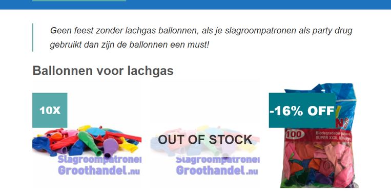 Screenshot van een webshop die lachgas verkoopt Beeld rv