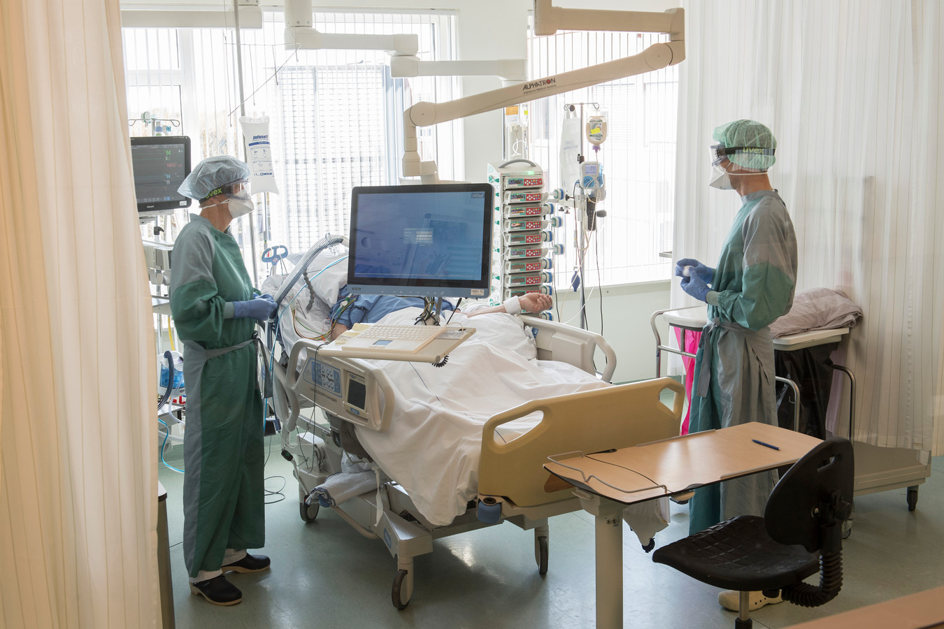 Verpleegkundigen in het ziekenhuis in Ede bezig met verzorging en checken van een coronapatiënt. Gevreesd wordt dat door de oplopende besmettingen ook veel zorgpersoneel zal uitvallen.