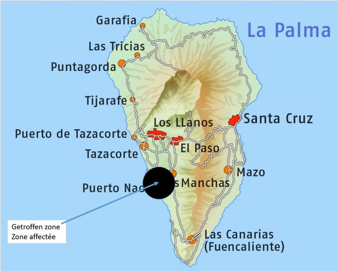Het getroffen gebied beslaat minder dan 2 procent van de totale oppervlakte van La Palma (708 km2)