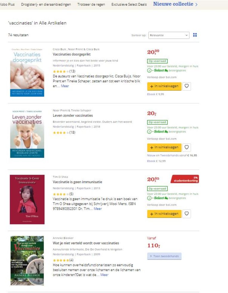 De eerste suggesties bij het zoeken op het woord 'vaccinaties' op bol.com Beeld Bol.com