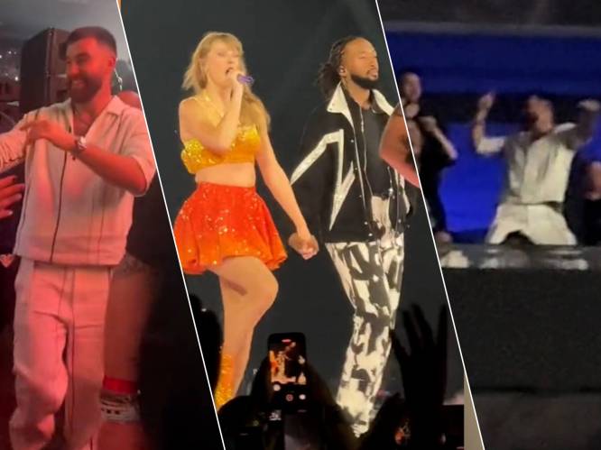 KIJK. Travis Kelce gooit dansbenen los tijdens optreden van liefje Taylor Swift in Parijs
