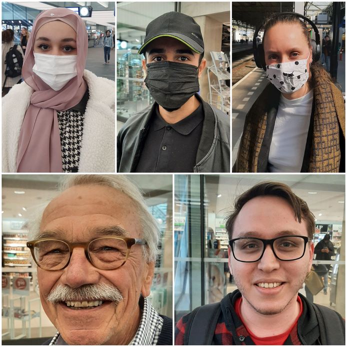 Het mondkapje wordt nog maar mondjesmaat gedragen op het station in Eindhoven. Boven, vlnr: Esma El Meslem, Omar Hamid en Maaike Feddes. Onder Hans Janus en Marcel Koolman.