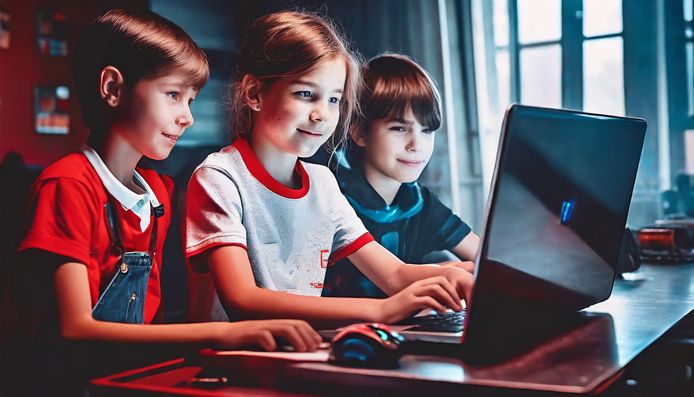 Kinderen ontdekken cybersecurity. Deze foto, gemaakt met AI (‘zoals bij een stichting als de onze hoort’), gebruikt stichting Cyberbrein om aandacht te vragen voor haar werk.