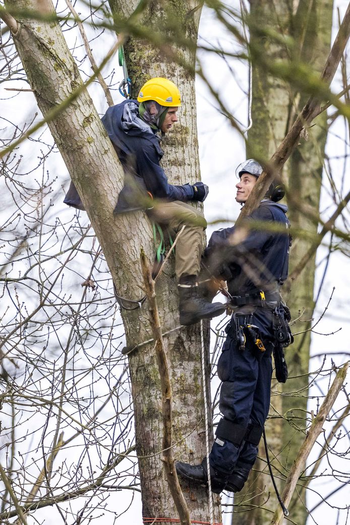 Politie tijdens het ontruimen van het bezette bos naast VDL Nedcar. Activisten hielden het bos naast autofabriek VDL Nedcar bezet om het te beschermen tegen de geplande kap door autofabriek VDL Nedcar.