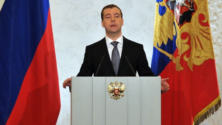 Medvedev tijdens zijn toespraak. Beeld afp
