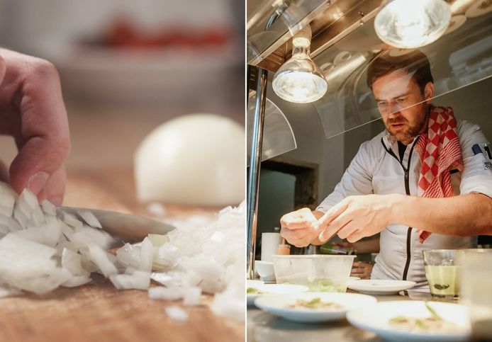 "Ga je mes op voorhand vochtig maken voor je de ui gaat snijden", tipt chef-kok Freek De Roo om tranende ogen bij het snijden van uien te voorkomen.