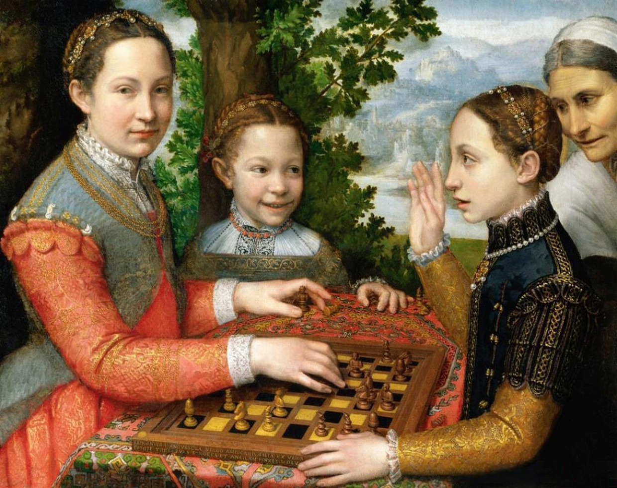 Omdat ze niet naar mannelijk model mocht tekenen, portretteerde Sofonisba Anguissola aanvankelijk veel familieleden, zoals haar zussen Lucia, Minerva en Europa in dit zeldzaam ontspannen potje schaak. Het schaakspel, 1555, Nationaal Museum, Poznan. Beeld Alamy