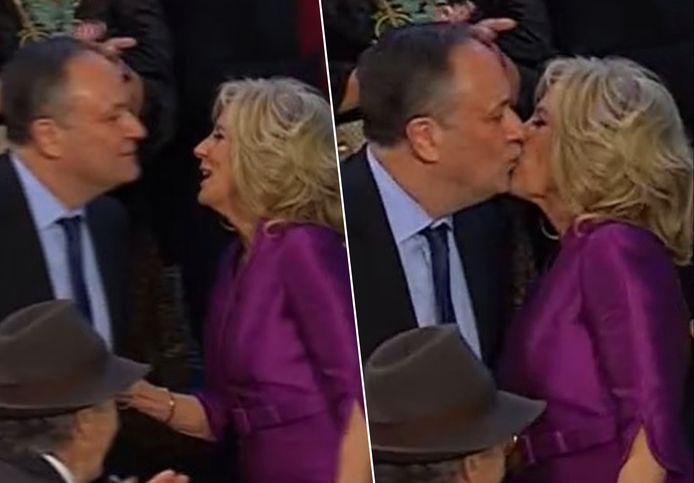 De Amerikaanse first lady Jill Biden groette de man van vicepresident Kamala Harris wel op een heel joviale manier.