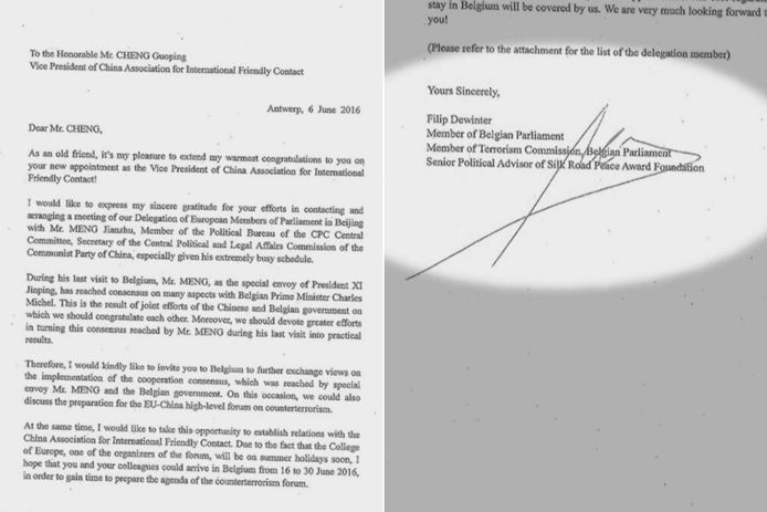 Een brief van Filip Dewinter aan Cheng Guoping van China Association for International Friendly Contact. Dewinter ondertekende de brief als ‘senior political advisor’ van Silk Road Peace Award Foundation. 'Apache' en 'Humo' publiceerden het document.