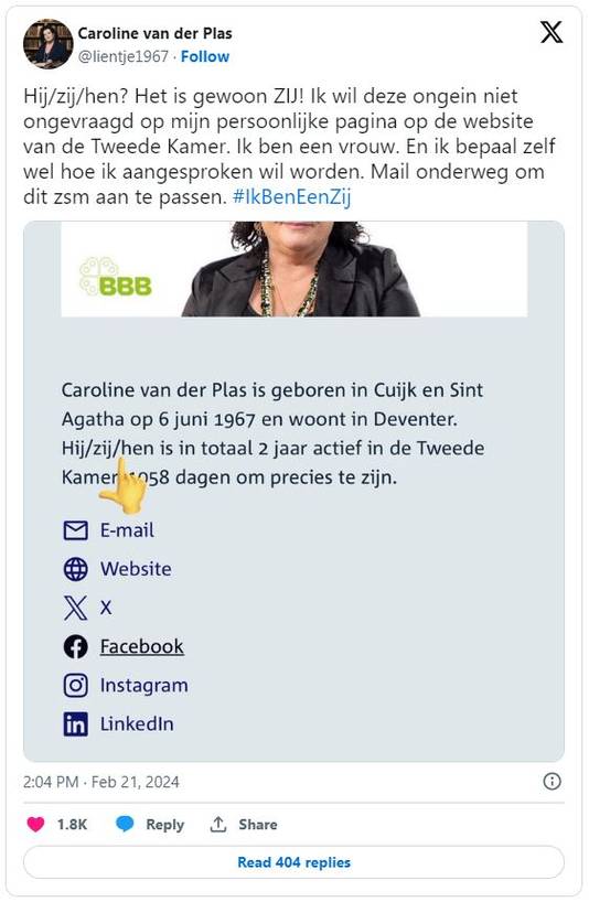 Caroline van der Plas woest na aanduiding 'hij/zij/hen' op site