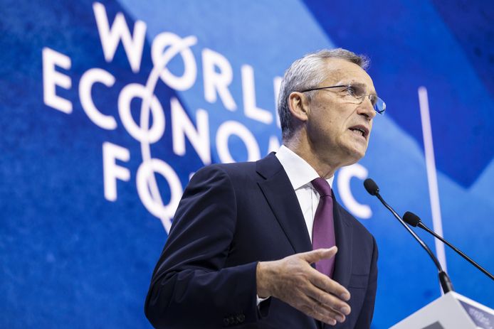 Jens Stoltenberg tijdens zijn speech op het WEF in Davos.