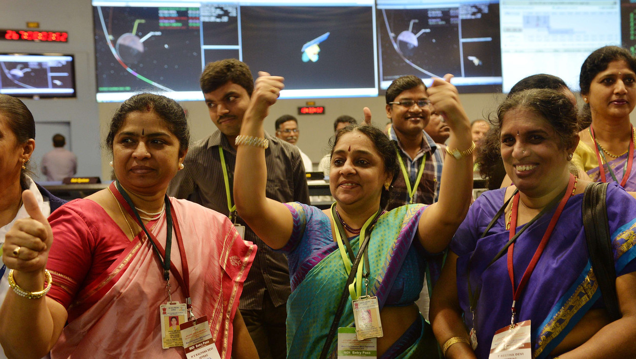 Medewerkers van het ruimte-onderzoeksstation in Bangalore vieren de aankomst van de Mangalyaan bij Mars. Beeld AFP