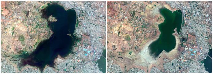 Satellietbeelden tonen hoe de droogte verergert is in vergelijking met vorig jaar. De linkse foto dateert van 15 juni 2018, de rechtse foto toont hetzelfde, maar zichtbaar meer uitgedroogde, Puzhal reservoir op 6 april 2019