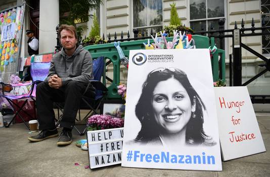 Richard Ratcliffe, de echtgenoot van Nazanin Zaghari-Ratcliffe, voor de Iraanse ambassade in Londen op 21 juni 2019.