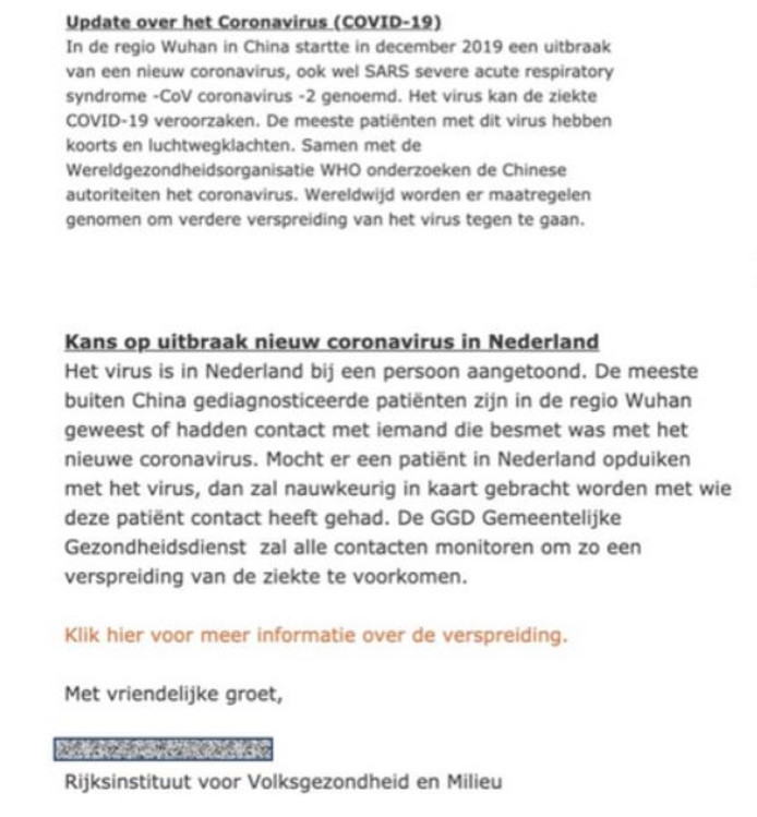 Een voorbeeld van een neppe mail van het RIVM.