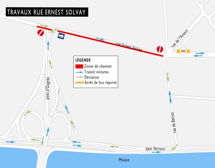 Travaux du tram rue Ernest Solvay, à Sclessin.