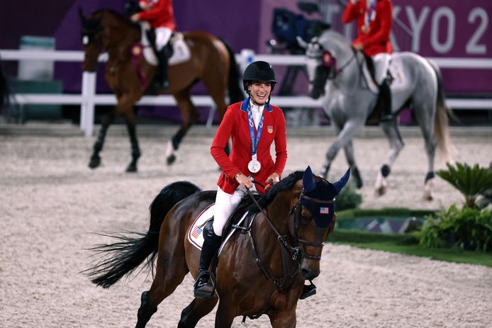 Jessica Springsteen op haar paard Don Juan van de Donkoeve tijdens de olympische finale in Tokio.