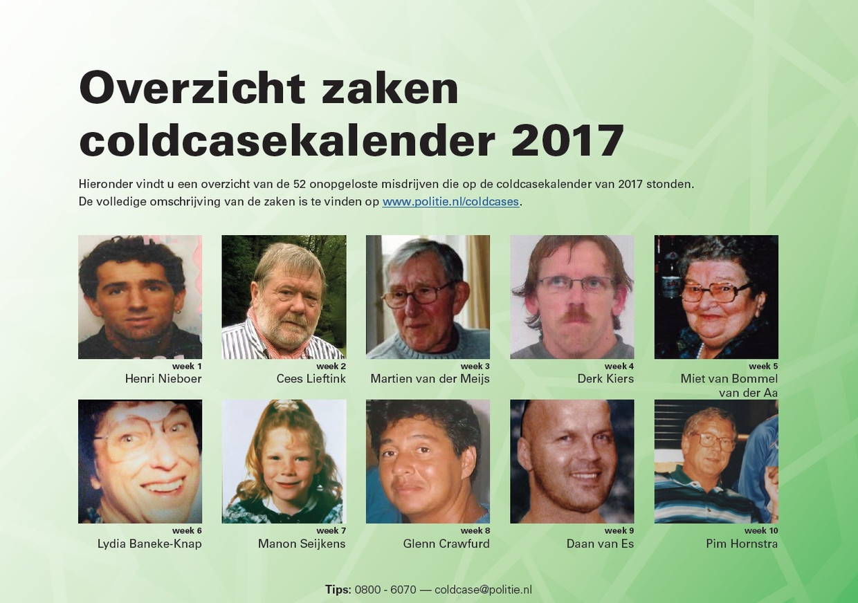 In de Cold Case kalender 2018 ook een terugblik op zaken van vorig jaar. Beeld Politie - Cold Case kalender 2018