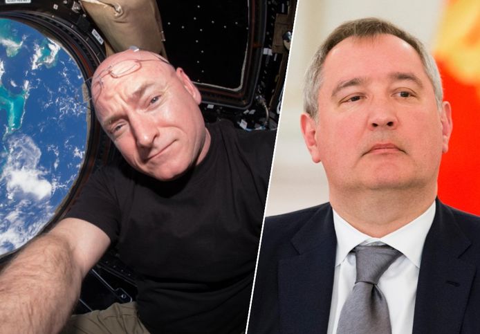 De Amerikaanse ruimtevaarder Scott Kelly en de Russische ruimtechef Dmitry Rogozin.