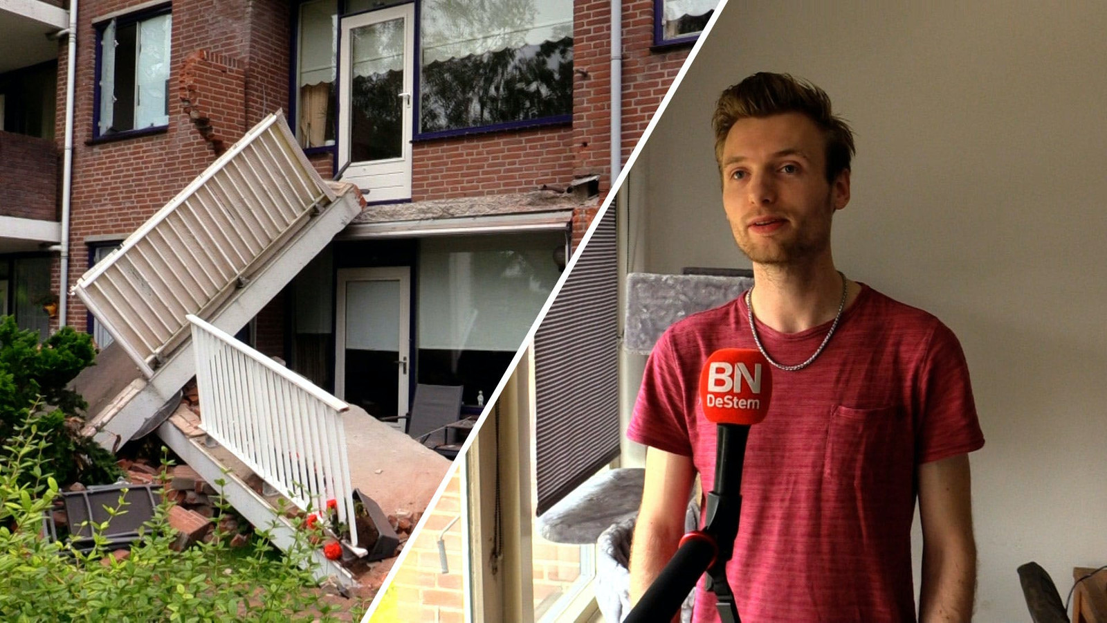 Twee balkons van de flat in Oudenbosch kwamen begin september naar beneden. Onderzoek wijst nu uit dat veel meer balkons gevaarlijke scheuren vertonen. Rechts: bewoner Shiva Kerdel.