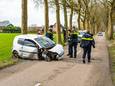 De rechtervoorkant van het voertuig is helemaal aan gort na de botsing met de bomen.