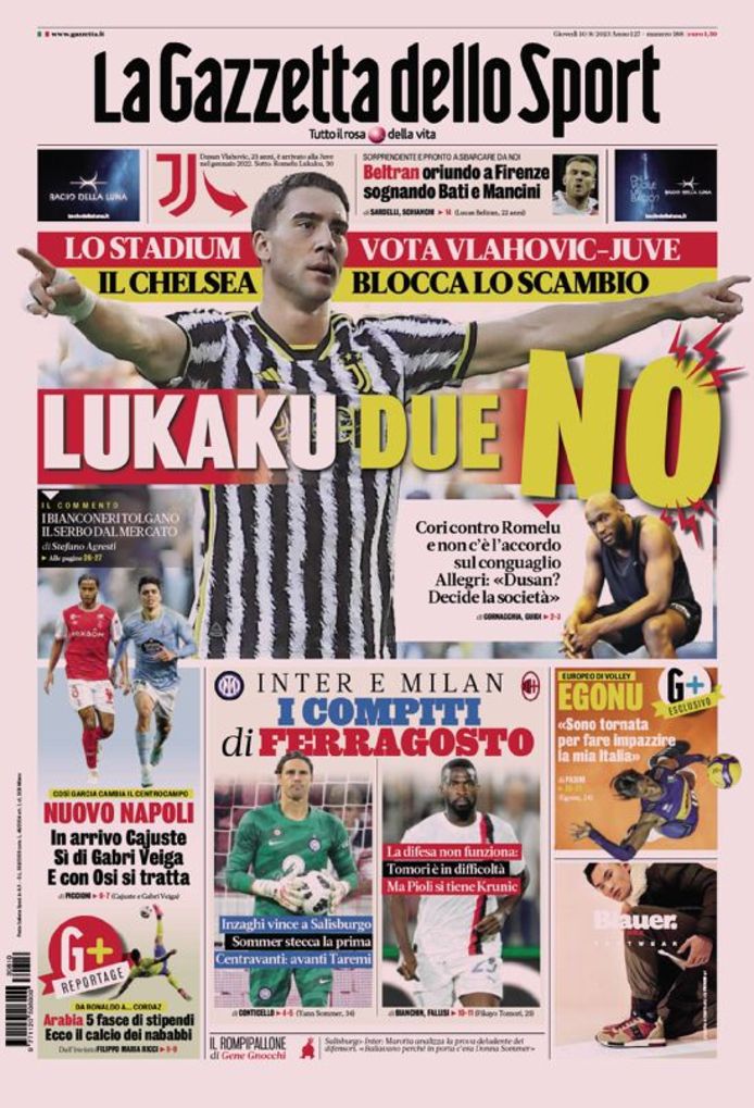 De voorpagina van La Gazzetta dello Sport.