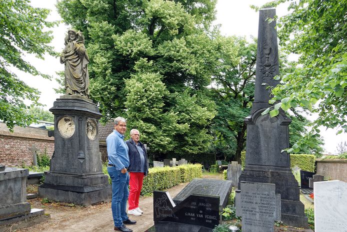 Michael Bol (links) en Henk Koedijk op de kleine begraafplaats Ketsheuvel, waar sinds kort weer begraven kan worden.