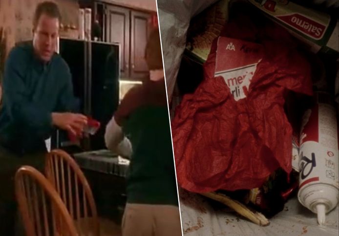 Au moment de nettoyer la table, le père de Kevin jette (malencontreusement?) le billet d'avion du petit garçon à la poubelle.