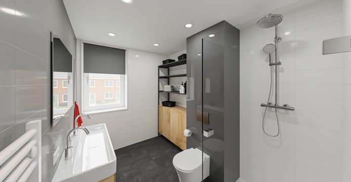 Voorbeeld van een geïndustrialiseerd gebouwde badkamer.